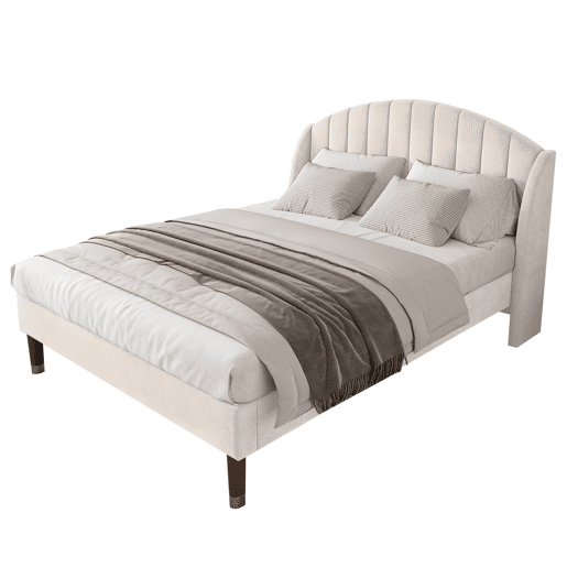 Cama estofada 140x200cm em veludo com estrado de ripas - Bege