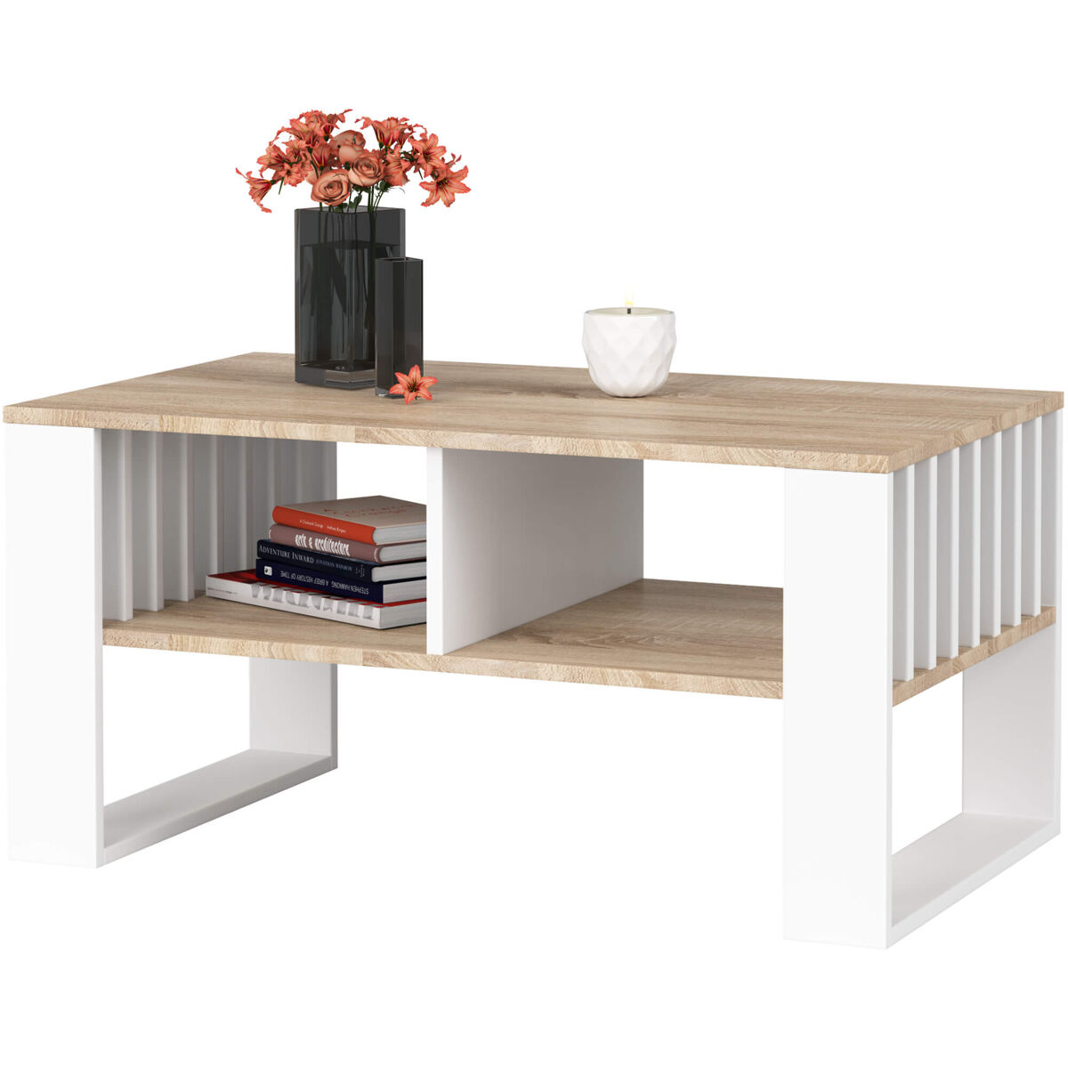 Mesa de centro rockford roble sonoma 92 cm con patas en color blanco 92x53x45 cm