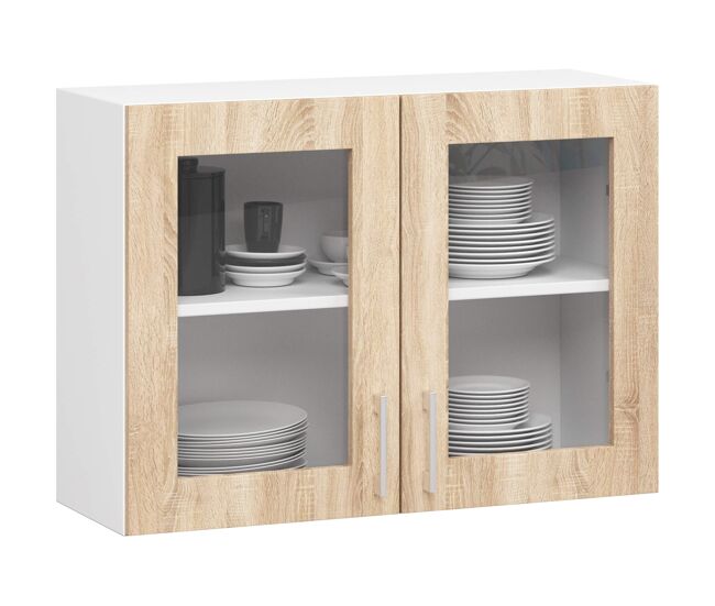 Vitrina de cocina colgante blanco 80 cm 2 puertas frente en color roble sonoma 80x30,5x58 cm