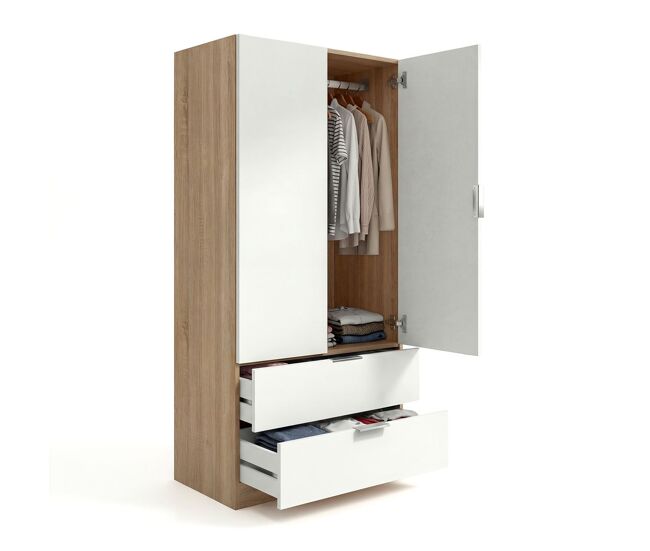 Armario de 2 puertas y 2 cajones en blanco artik y roble canadian 81,5x180 cm lark