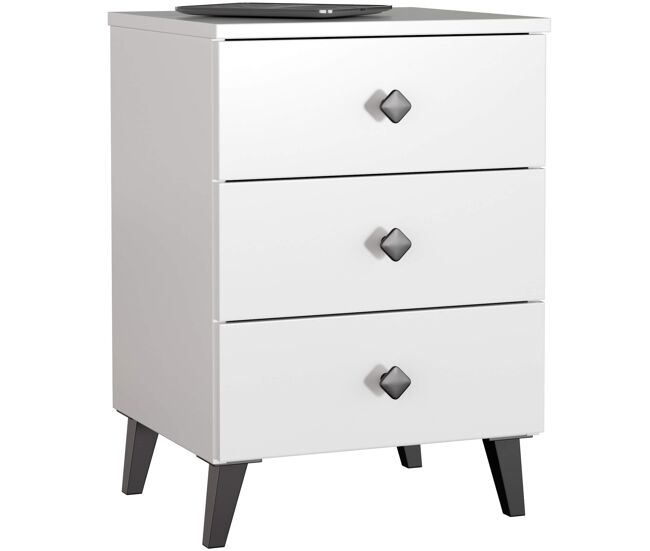 Mesita de noche mobi blanco 40 cm 3 cajones con tiradores negros 40x37x58 cm
