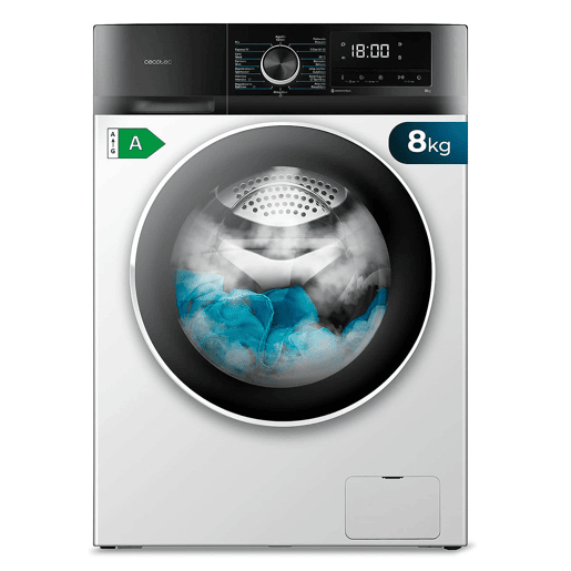 Cecotec Máquina de lavar roupa de carga frontal de 8 kg, branca, 1400 rpm, Motor Inverter Plus, vapor e classe A.