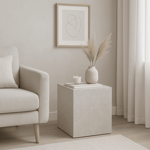Mesa de apoio Ellelu cubo MDF 45x40x40cm Aspeto mármore taupe en.casa