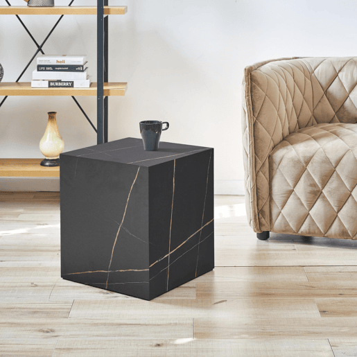 Mesa de apoio Ellelu cubo MDF 45x40x40cm Aspeto mármore preto en.casa
