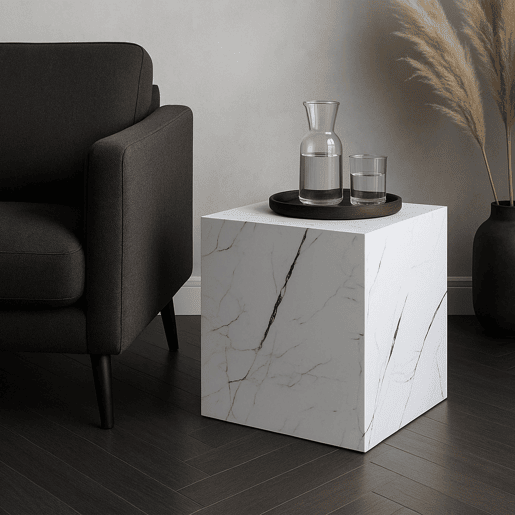 Mesa de apoio Ellelu cubo MDF 45x40x40cm Aspeto mármore branco en.casa