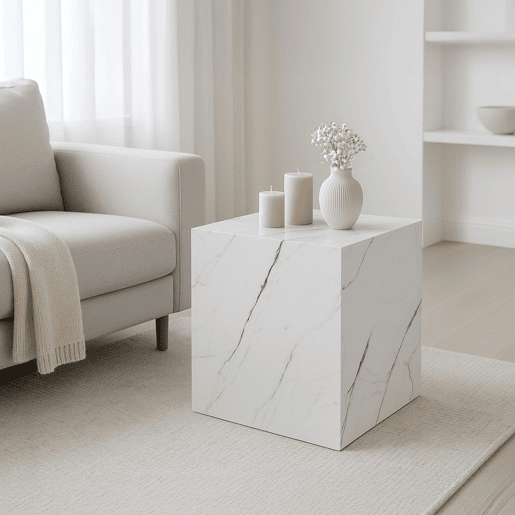 Mesa de apoio Ellelu cubo MDF 45x40x40cm Aspeto mármore branco en.casa