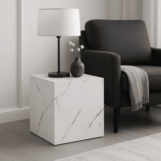 Mesa de apoio Ellelu cubo MDF 45x40x40cm Aspeto mármore branco en.casa