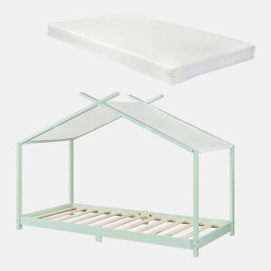 Cama de criança Brome Forma casita com colchão e teto em pinho 90x200cm - Verde e Branco en.casa