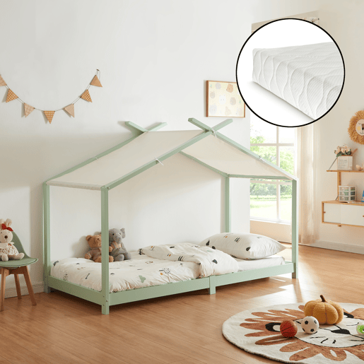 Cama de criança Brome Forma casita com colchão e teto em pinho 90x200cm - Verde e Branco en.casa