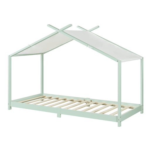 Cama de criança Brome Forma casita com teto de pinho 90 x 200 cm - Verde menta e branco en.casa