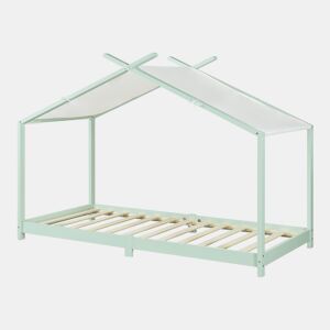 Cama de criança Brome Forma casita com teto de pinho 90 x 200 cm - Verde menta e branco en.casa