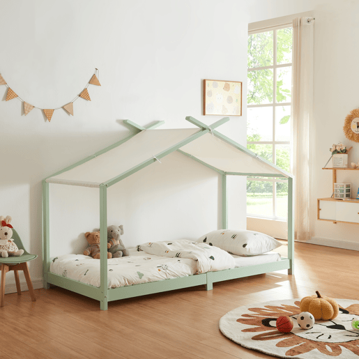 Cama de criança Brome Forma casita com teto de pinho 90 x 200 cm - Verde menta e branco en.casa
