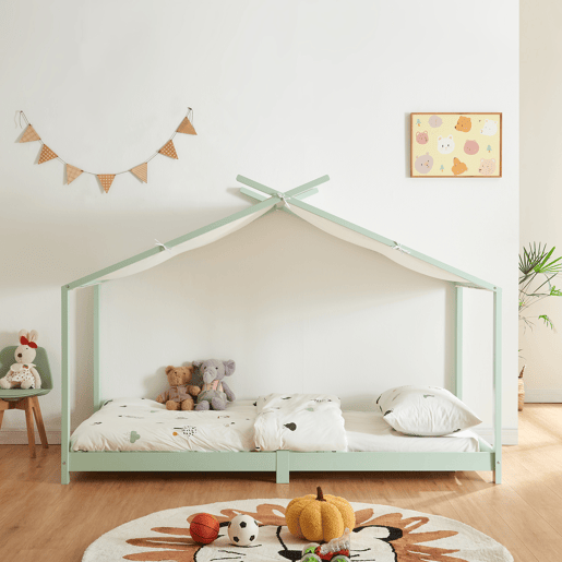 Cama de criança Brome Forma casita com teto de pinho 90 x 200 cm - Verde menta e branco en.casa