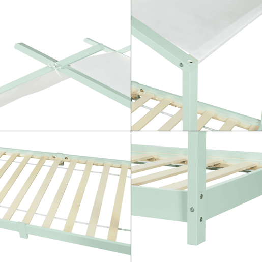 Cama de criança Brome Forma casita com teto de pinho 90 x 200 cm - Verde menta e branco en.casa