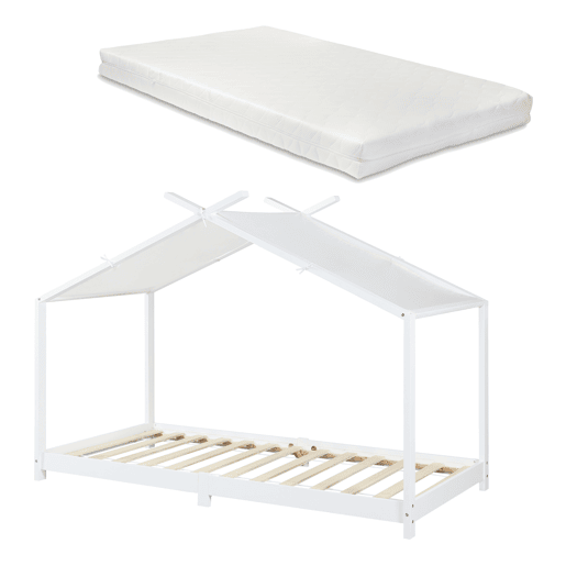 Cama de criança Brome Forma casita com colchão e teto em pinho 90x200cm - Branco en.casa