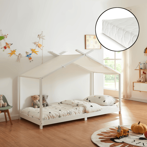 Cama de criança Brome Forma casita com colchão e teto em pinho 90x200cm - Branco en.casa
