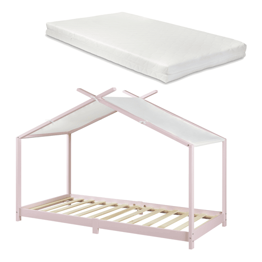 Cama de criança Brome Forma casita com colchão e teto em pinho 90x200cm - Rosa e Branco en.casa