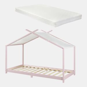 Cama de criança Brome Forma casita com colchão e teto em pinho 90x200cm - Rosa e Branco en.casa
