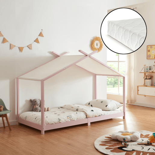 Cama de criança Brome Forma casita com colchão e teto em pinho 90x200cm - Rosa e Branco en.casa