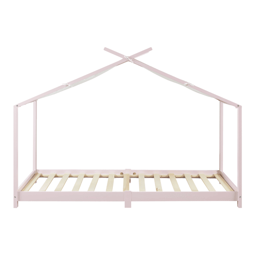 Cama de criança Brome Forma casita com colchão e teto em pinho 90x200cm - Rosa e Branco en.casa