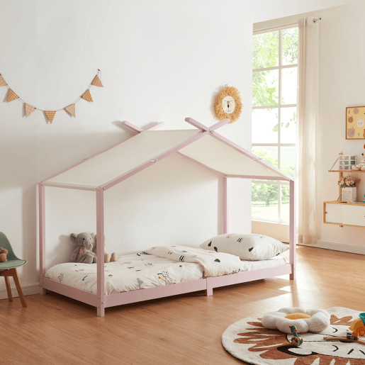 Cama de criança Brome Forma casita com teto de pinho 90 x 200 cm - Cor-de-rosa e branco en.casa