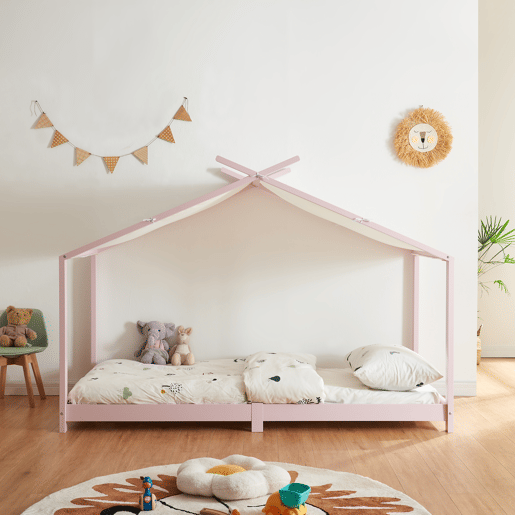 Cama de criança Brome Forma casita com teto de pinho 90 x 200 cm - Cor-de-rosa e branco en.casa