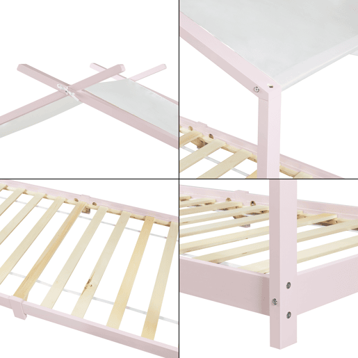 Cama de criança Brome Forma casita com teto de pinho 90 x 200 cm - Cor-de-rosa e branco en.casa