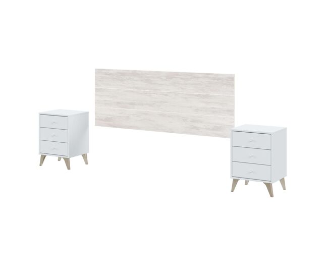 Conjunto habitación matrimonio color blanco estilo nórdico (cabecero + 2 mesitas + cómoda)