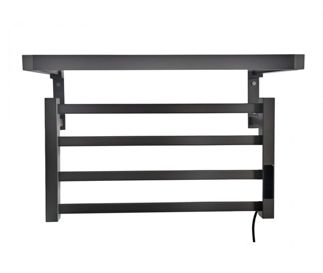 Toallero eléctrico con estante color gris antracita. montaje con tira adhesiva de doble cara que soporta hasta 12kg. selección de temp. y tiempo de