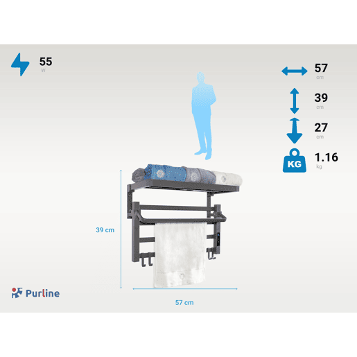 Toalheiro eléctrico com prateleira cinzento antracite. Fixação com fita adesiva de dupla face que suporta até 12Kg. Selecção da temperatura e do tempo de funcionamento.