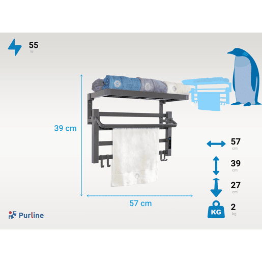 Toalheiro eléctrico com prateleira cinzento antracite. Fixação com fita adesiva de dupla face que suporta até 12Kg. Selecção da temperatura e do tempo de funcionamento.