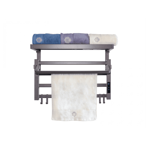 Toalheiro eléctrico com prateleira cinzento antracite. Fixação com fita adesiva de dupla face que suporta até 12Kg. Selecção da temperatura e do tempo de funcionamento.