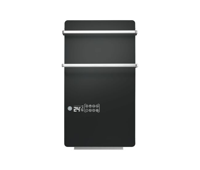Toallero eléctrico fabricado en cristal templado que actúa como secador de toallas. calentador de prendas y sistema de calefacción. diseño moderno. sencillo y elegante que incluye control wifi y un display eléctrico lcd táctil desde el que ajustar el ter