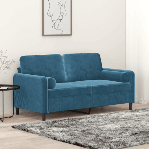 Sofá 2 lugares - Sofá fixo c almofadas decorativas 140 cm veludo azul