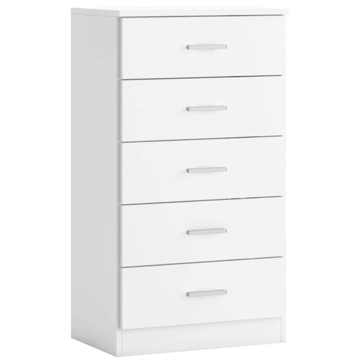 Cômoda Casal 5 Gavetas com Guias e Puxadores de Metal, Cômoda de Quarto em Branco Fosco, 50x90x33cm