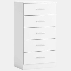 Cômoda Casal 5 Gavetas com Guias e Puxadores de Metal, Cômoda de Quarto em Branco Fosco, 50x90x33cm