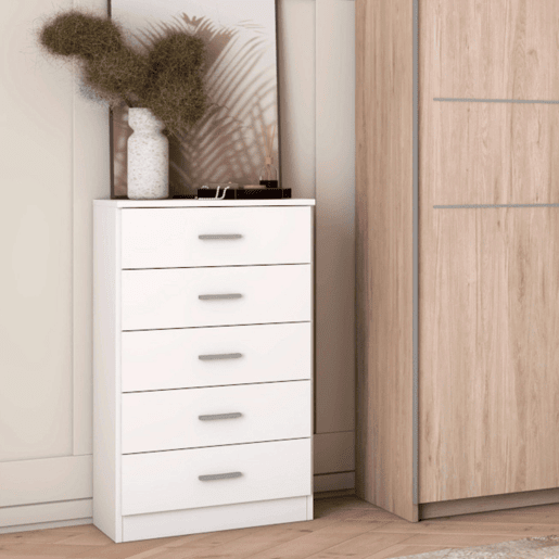 Cômoda Casal 5 Gavetas com Guias e Puxadores de Metal, Cômoda de Quarto em Branco Fosco, 50x90x33cm