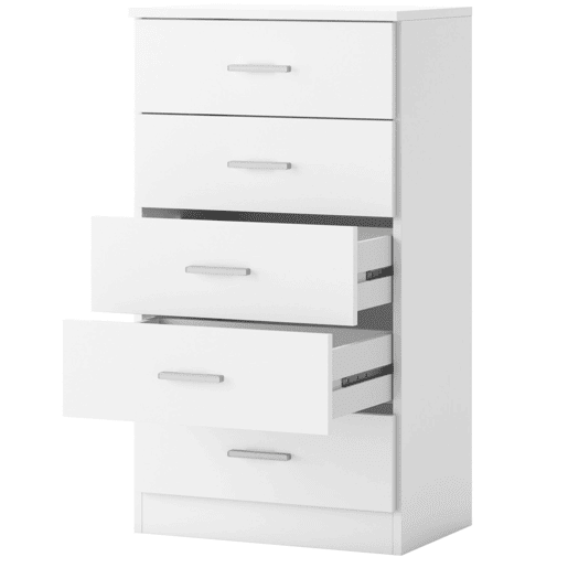 Cômoda Casal 5 Gavetas com Guias e Puxadores de Metal, Cômoda de Quarto em Branco Fosco, 50x90x33cm