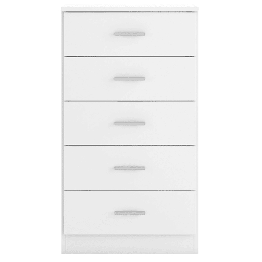 Cômoda Casal 5 Gavetas com Guias e Puxadores de Metal, Cômoda de Quarto em Branco Fosco, 50x90x33cm