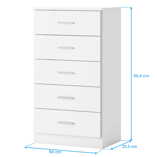 Cômoda Casal 5 Gavetas com Guias e Puxadores de Metal, Cômoda de Quarto em Branco Fosco, 50x90x33cm