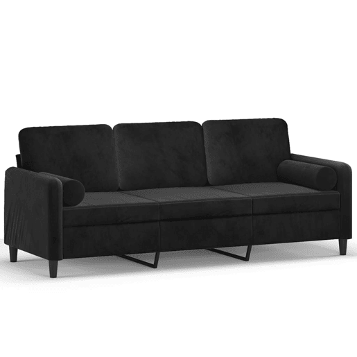 Sofá 3 lugares - Sofá fixo c almofadas decorativas 180 cm veludo preto Sofá 3 lugares - Sofá fixo c almofadas decorativas 180 cm veludo preto
