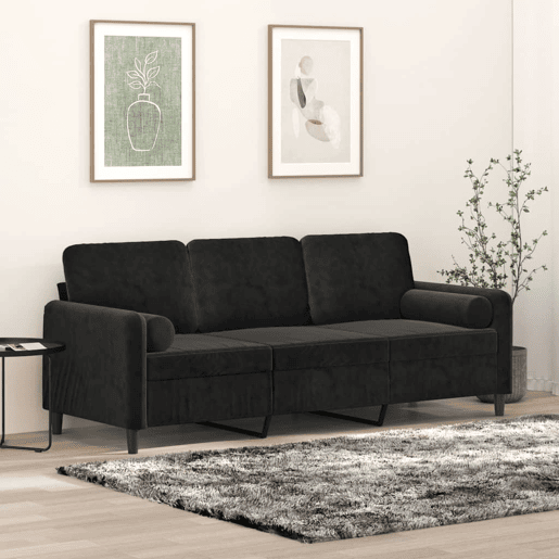 Sofá 3 lugares - Sofá fixo c almofadas decorativas 180 cm veludo preto Sofá 3 lugares - Sofá fixo c almofadas decorativas 180 cm veludo preto