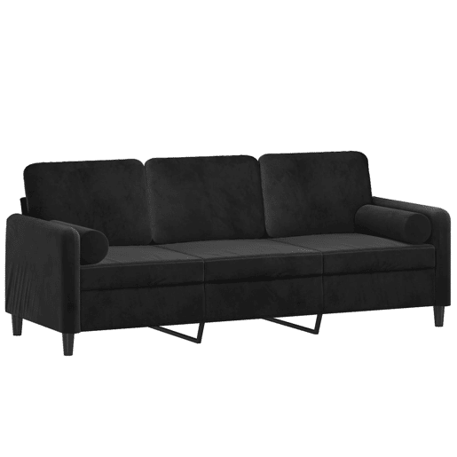 Sofá 3 lugares - Sofá fixo c almofadas decorativas 180 cm veludo preto Sofá 3 lugares - Sofá fixo c almofadas decorativas 180 cm veludo preto