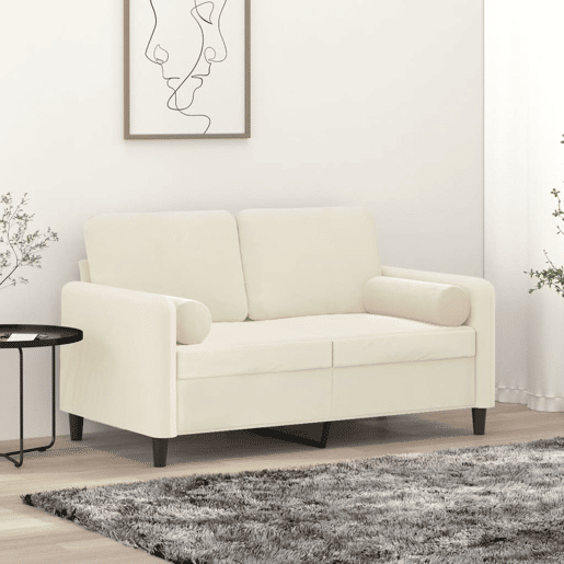 Sofá 2 lugares - Sofá fixo c almofadas decorativas 120 cm veludo creme Sofá 2 lugares - Sofá fixo c almofadas decorativas 120 cm veludo creme