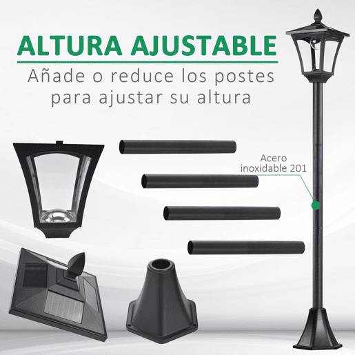 Outsunny Conjunto de 2 Candeeiros Solares Luzes Solares para Jardim com Painel Solar Acendimento Automático Impermeável IP44 para Terraço Jardim 18x18x160 cm Preto