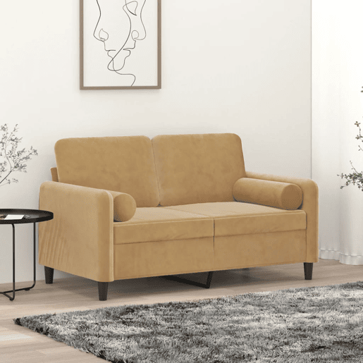 Sofá 2 lugares - Sofá fixo c almofadas decorativas 120 cm veludo castanho