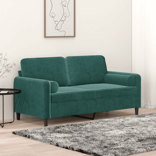 Sofá 2 lug. - Sofá fixo c almofadas decorativas 140cm veludo verde-escuro