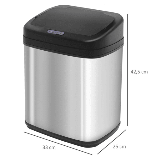 HOMCOM Balde de Lixo Automático 20L Balde de Lixo de Cozinha de Aço Inoxidável com Sensor Infravermelho Abertura Automática Cubo Amovível e Alça 33x25x42,5 cm Prata e Preto