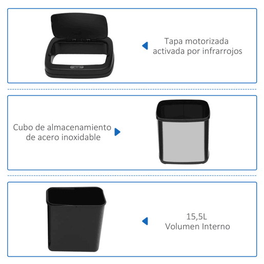 HOMCOM Balde de Lixo Automático 20L Balde de Lixo de Cozinha de Aço Inoxidável com Sensor Infravermelho Abertura Automática Cubo Amovível e Alça 33x25x42,5 cm Prata e Preto