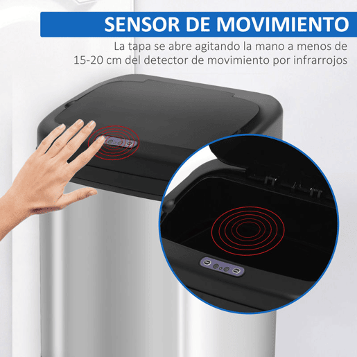 HOMCOM Balde de Lixo Automático 20L Balde de Lixo de Cozinha de Aço Inoxidável com Sensor Infravermelho Abertura Automática Cubo Amovível e Alça 33x25x42,5 cm Prata e Preto